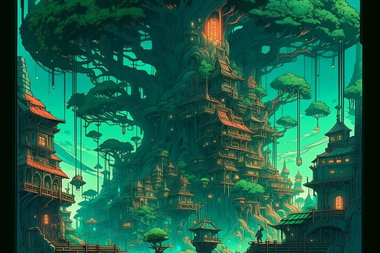 retro anime style, full color, dark serious 1980s anime style, a elf city in a giant tree, no humans, no people