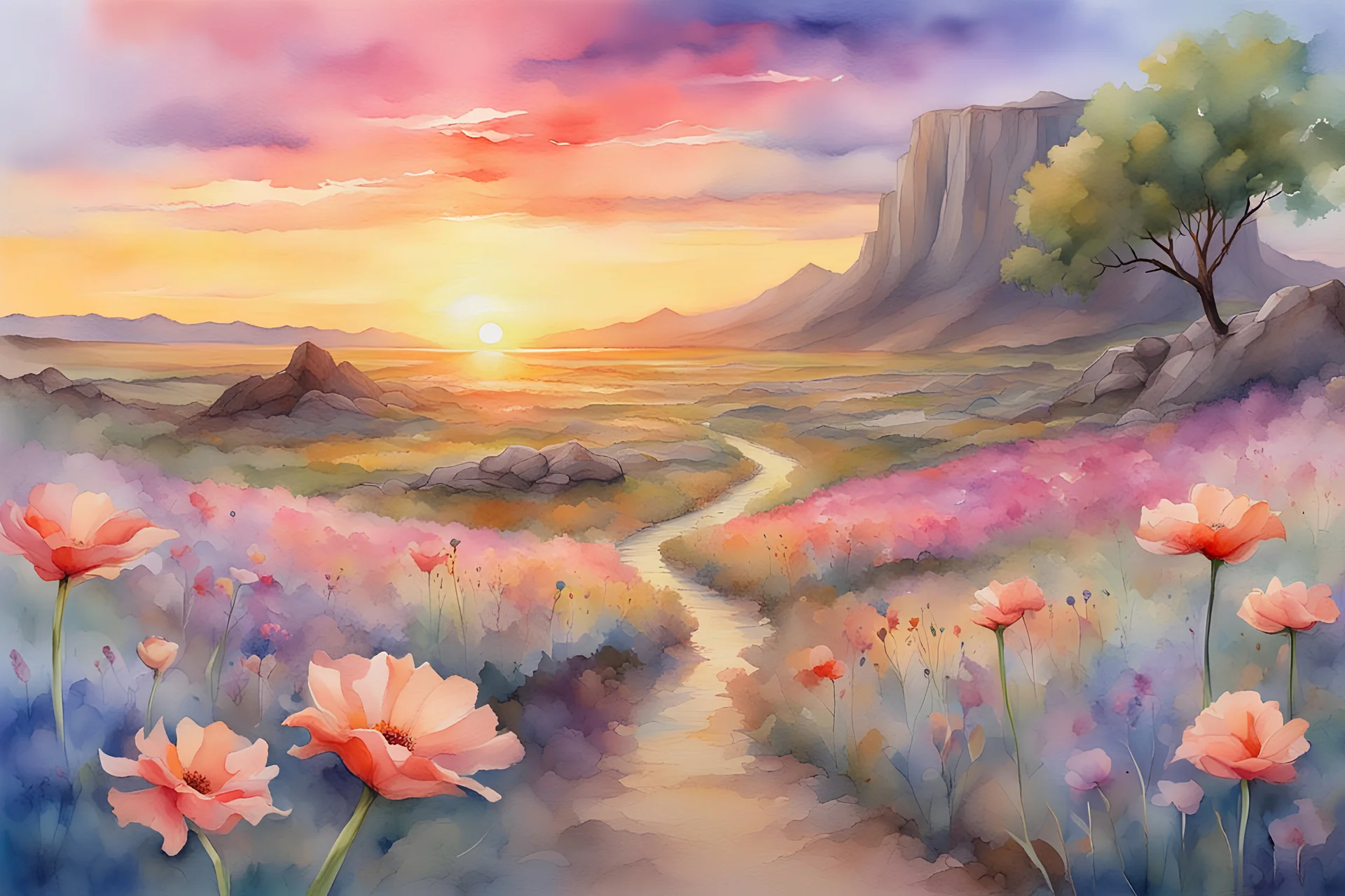 Amazing Sunset, flowers, countryside, rocky land, mountains, epic, sci-fi, fantasy, watercolor paintings