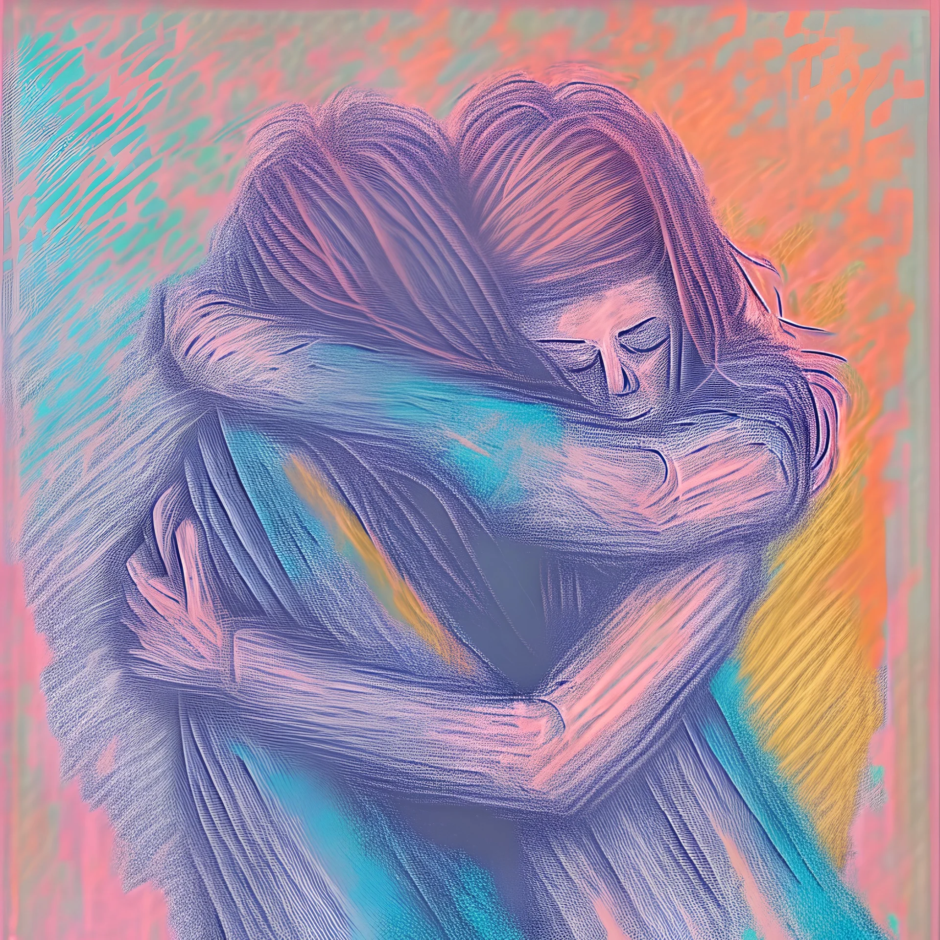 three people hugging each other, watercolor