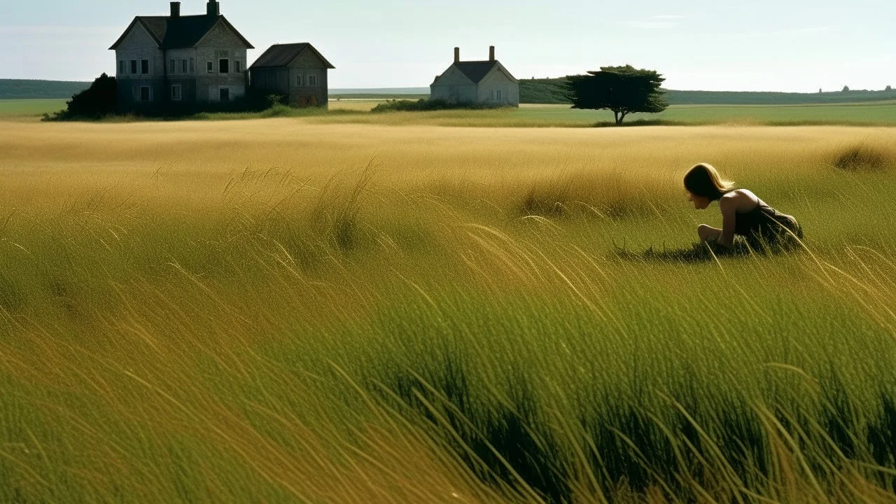 A female figure in the foreground, slightly off-center to the left, stretches or crawls across a field of tall grass. The horizon is high in the frame, leaving much of the image occupied by the landscape. In the background, on a distant hill, a few buildings—a main house and a smaller structure—contribute to the atmosphere of remoteness. The horizon line is clear and defined, dividing the field from the plain and the sky. The arrangement of the elements creates a sense of depth and scale, where