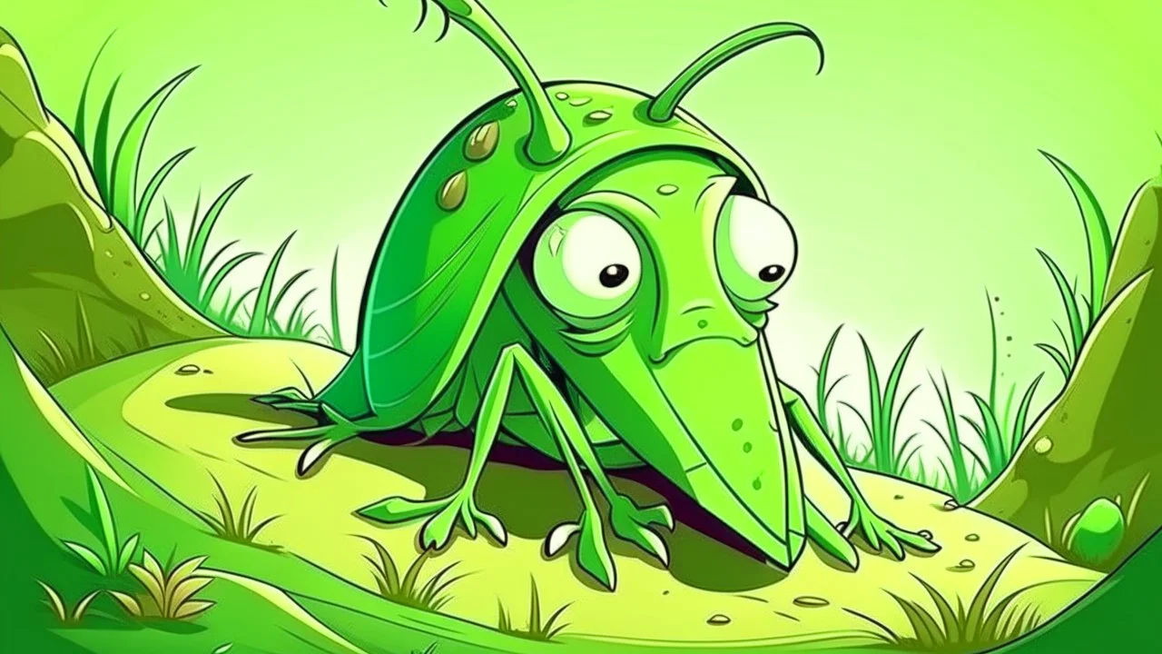 fantasy cartoon style illustration: sad green grasshopper hopped out of his burrow