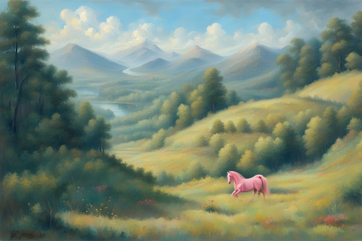 Big pink plastic toy horse.19th painting