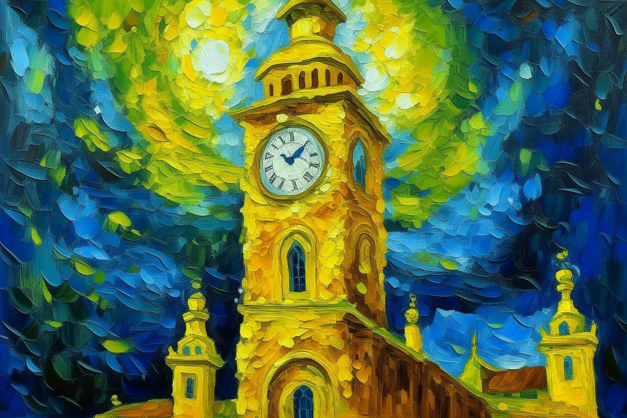 A yellow clock tower made out of gel in a thunderstorm painted by Vincent van Gogh