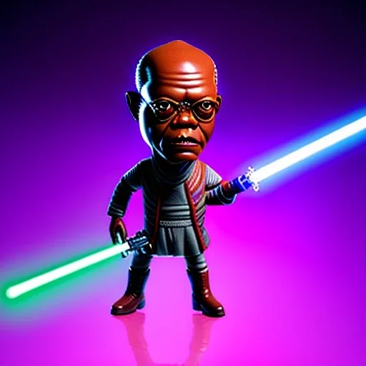 Bald Samuel jackson purple jedi bobblehead holding a lightsaber and boots,