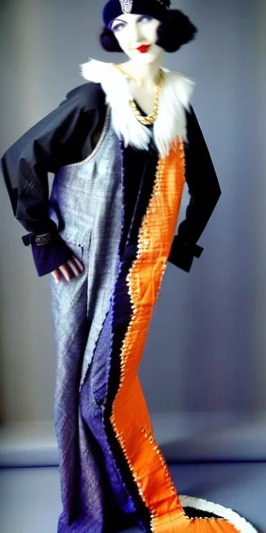 Caucasian white woman black hair. average body type. Style: Haute Couture, 1920's, Helsinki fashion, late nineties.Mantle is sewed of recycled Denim and sewed together of camouflage pieces. A bag is integrated to the mantle. Patterns are composed of orange, cream, blue, lilac and purple. blue latex somewhere. It is with big bright purple felt tippet and cream-colored-hood. mantle is merged with tippet. Big AKG-style headphones (gold rings!) is merged with small felt cap with small visor.