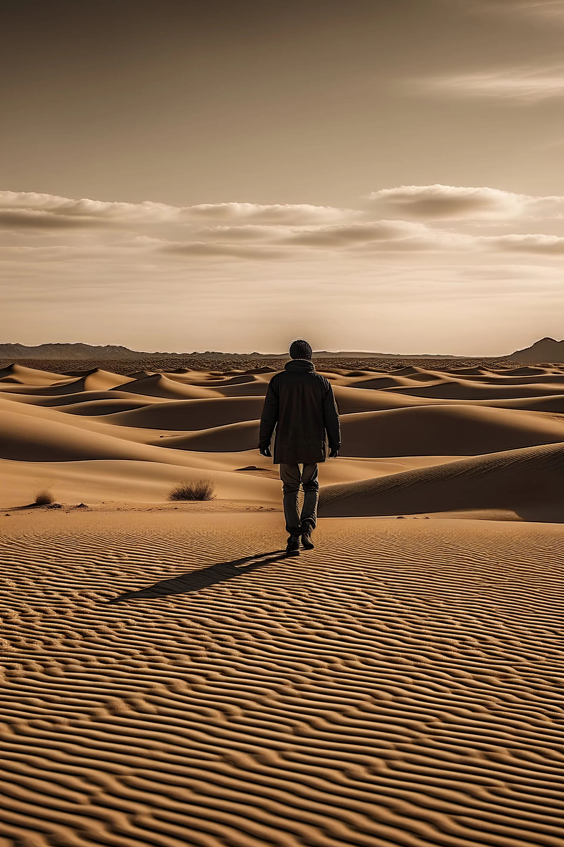 eenzame man loopt in een woestijn