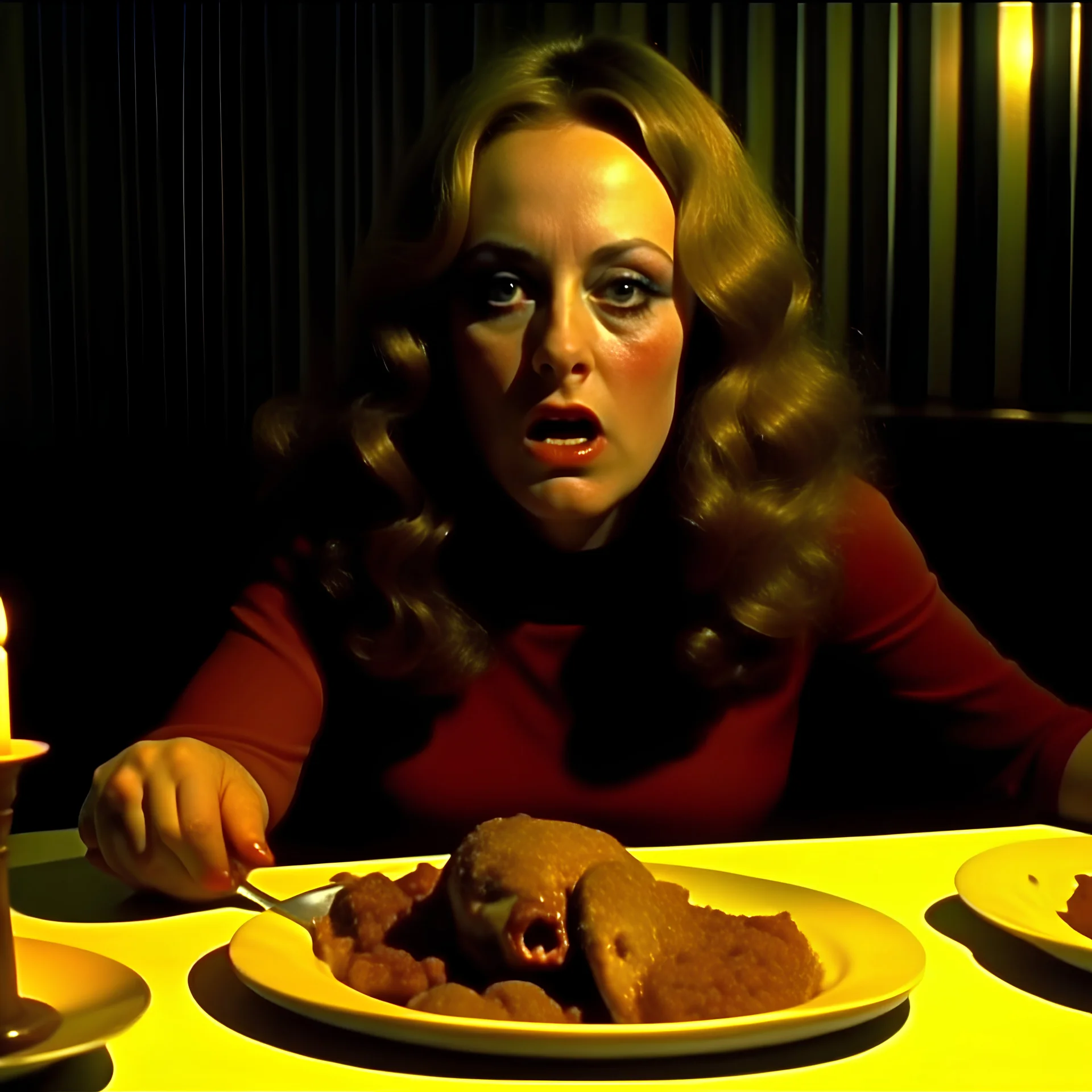 Spooky, ultra realistic distress, dining, ultra realistic hot woman, pieces of meat, silver organic palen ail dynamic, anguish, excited and lively scene, hypermaximalist figures, stb, Creepy the Ring Alfred Hitchcock, Sam Raimi, insanely detailed, sinister, John Carpenter, Dario Argento, ornate