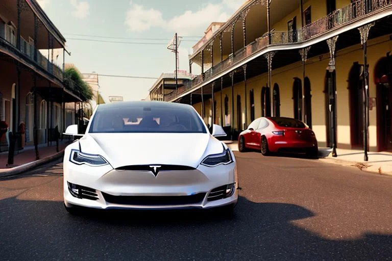 A Tesla 'Model Y' is parked, on the streets of New Orleans. (CINEMATIC, WIDE ANGLE LENS, PHOTO REAL)