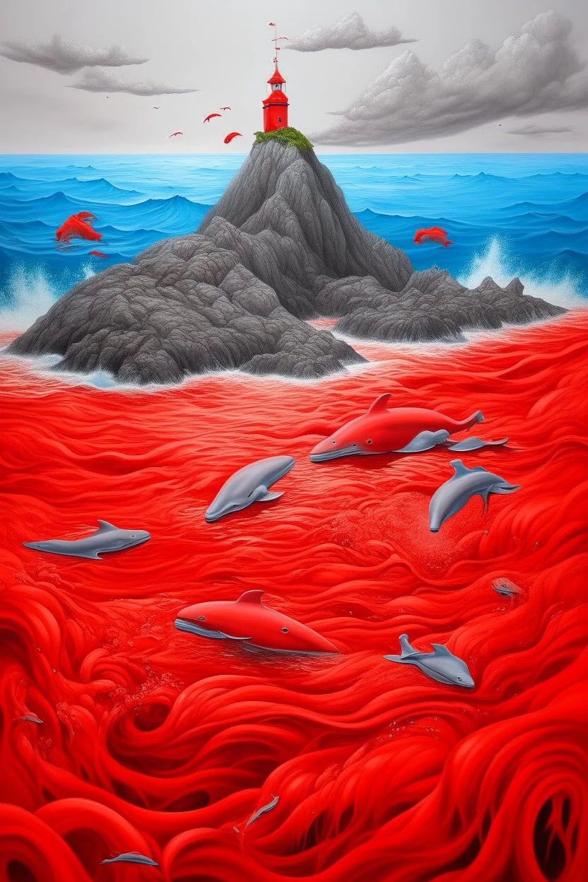 A red volcanic island with dolphins painted by Zhang Lu
