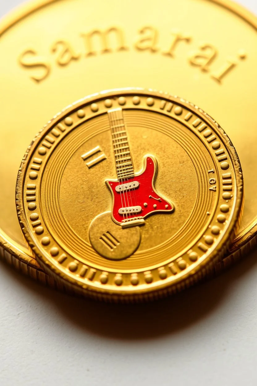 view of The word samarrai on the edge on a gold coin ,with picture of , electric guitar, in the middle of the coin.