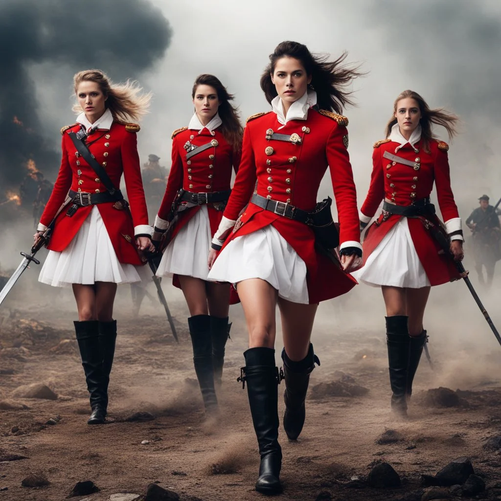 Multiple female redcoats wearing thigh-high boots and short white skirts on the battlefield. A scene so surreal, it could only be born from the depths of a fevered imagination. The clash of steel, the thunder of cannons, the screams of the fallen mingling with the battle cries. Among the chaos and carnage, these fierce women stood out like ethereal warriors from a bygone era. Their skirts fluttered in the wind, stained with mud and blood, a stark contrast to the traditional uniform of the battle