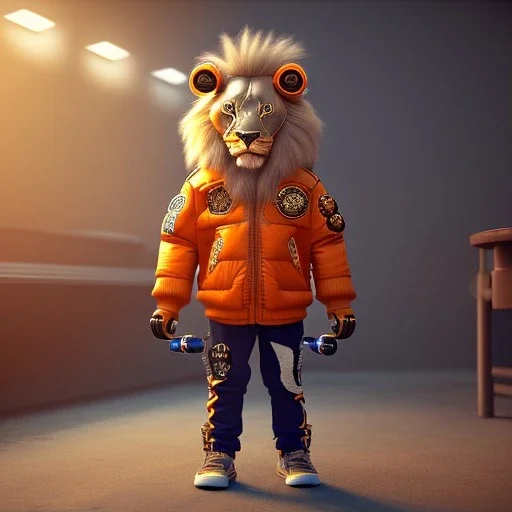 Lion toddler, smile, steampunk headphone, sunglass, gangsta neckless, full body, orange puffer jacket, tokio background, dramatic lighting, hyper realistic, unreal engine 5, 16k