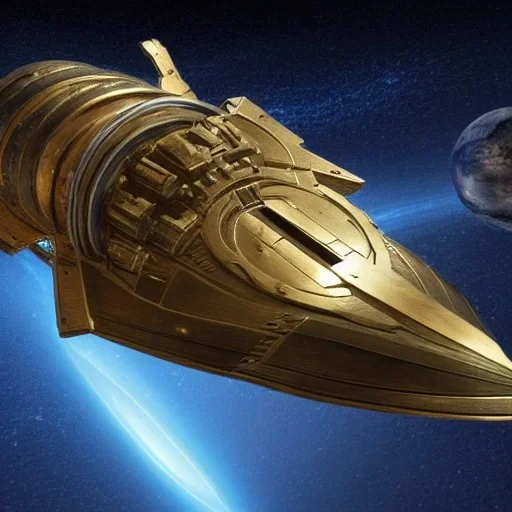 battle-damaged huge starship made of brass, in space