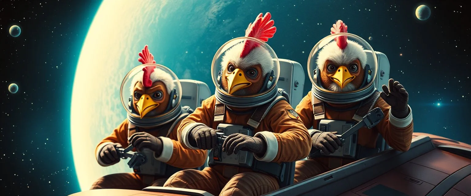 movie poster, soap opera, cowboy astronauts in a spaceship , space alien Abominable Yeti Chicken