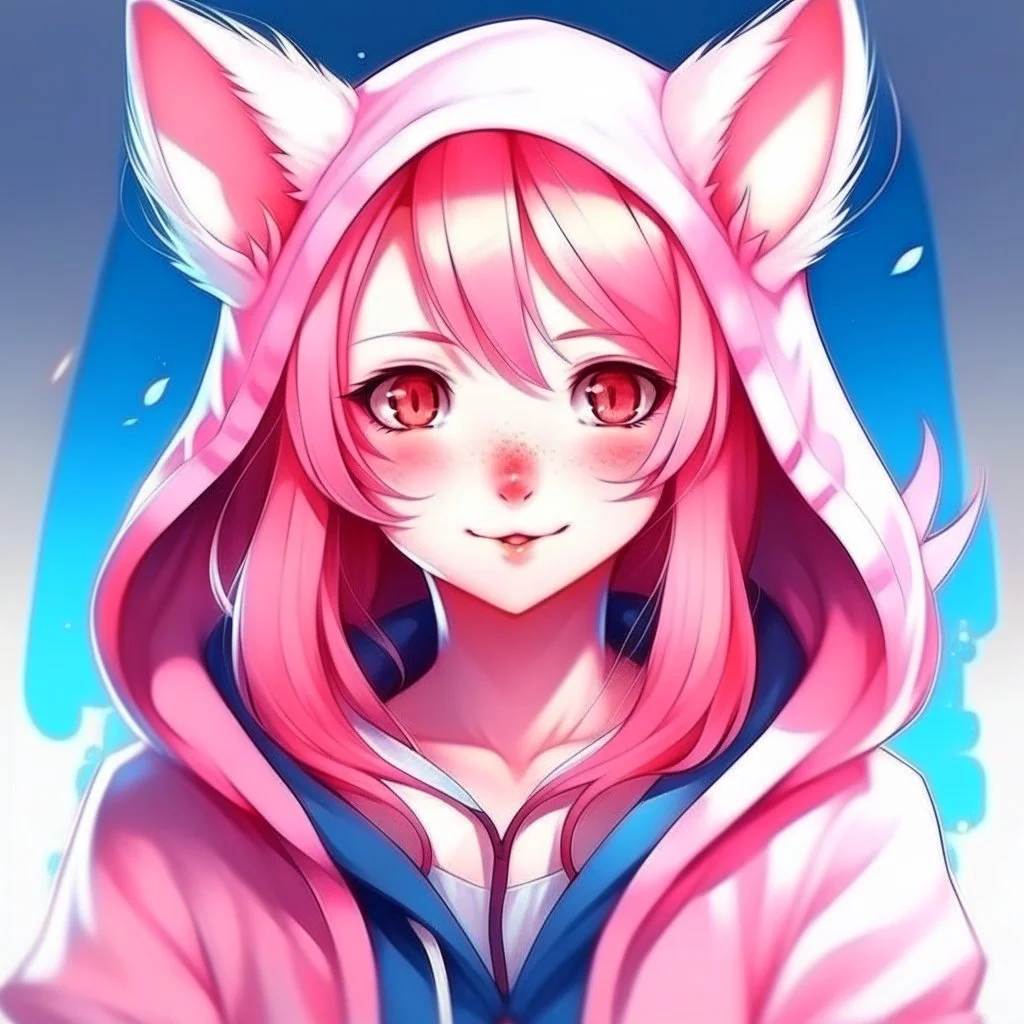 kitsune girl anime pink hair blue eyes and white hoodie