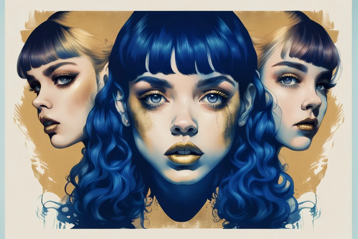 poster in two gradually, a one side the Singer Danish MØ face illustration by <Yoji Shinkawa> and other side the Singer Melanie Martinez face illustration by <John Kenn Mortensen>, symmetry, darkblue and gold tones,