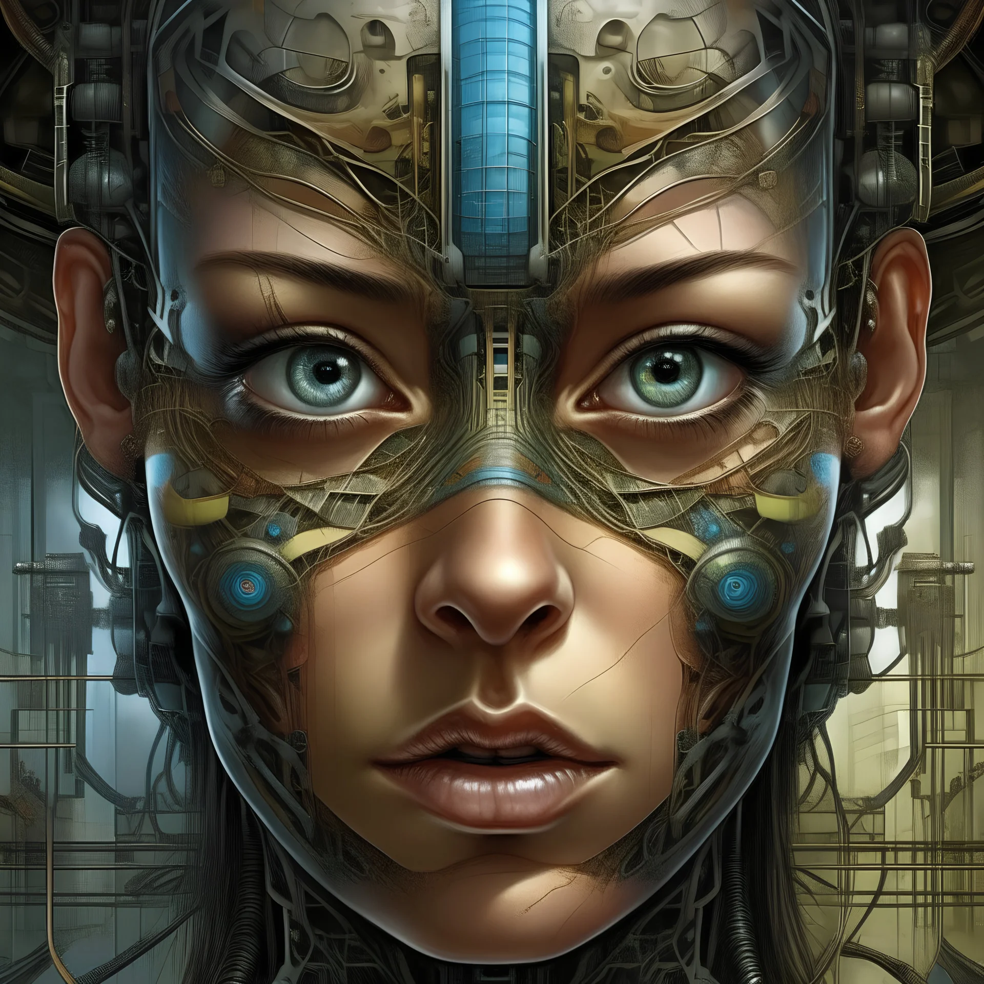 Peter Gric masterpiece illustration of a front complex biomechanical woman colored face mixed to supplies (detailed eyes, nose, mouth , neck), made of various colored metal objects all around and inside head, centered composition, HDR, UHD, all in focus, clean face, no grain, concept art