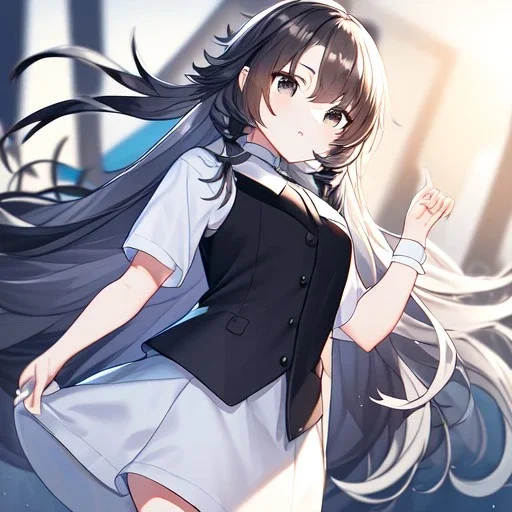 Clear focus, High resolution, Rough line, cute, cartoon style, black long hair, fluffy hair, long locks, spiky hair, wearing a white shirt with a black vest, wearing a white collar and a grey bow, wearing a white skirt, black eyes