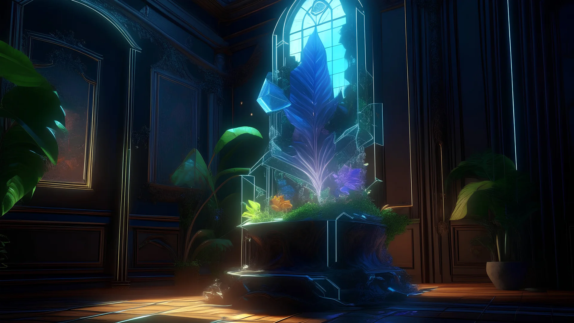 a house plant shocking someone, concept art by Justin Gerard, cgsociety, a computer rendering by the caretaker, hall of mirrors, glowing leds, hall of mirrors, concept art, made of crystals, artstation hq, playstation 5 screenshot, 2d