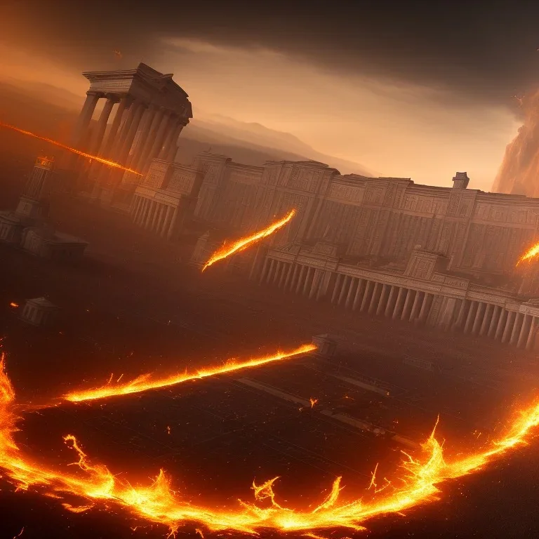 roman empire, epic, shiny, dust, landscape, fire, 8k, extremly detailed,