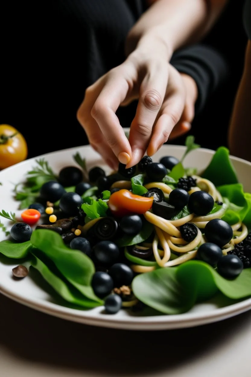 A plate of salad and pasta, with hands placing black olives on top of them