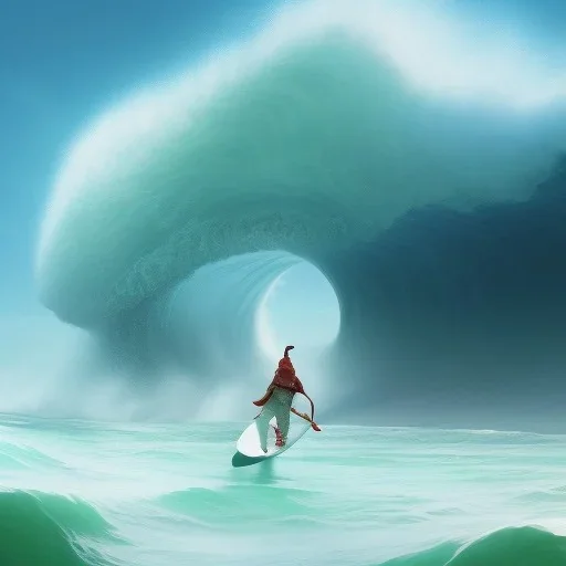 Santa standing of surfboard surfing a big wave, surfboard, beach, character design by cory loftis, fenghua zhong, ryohei hase, ismail inceoglu and ruan jia. unreal engine 5, artistic lighting, highly detailed, photorealistic, fantasy