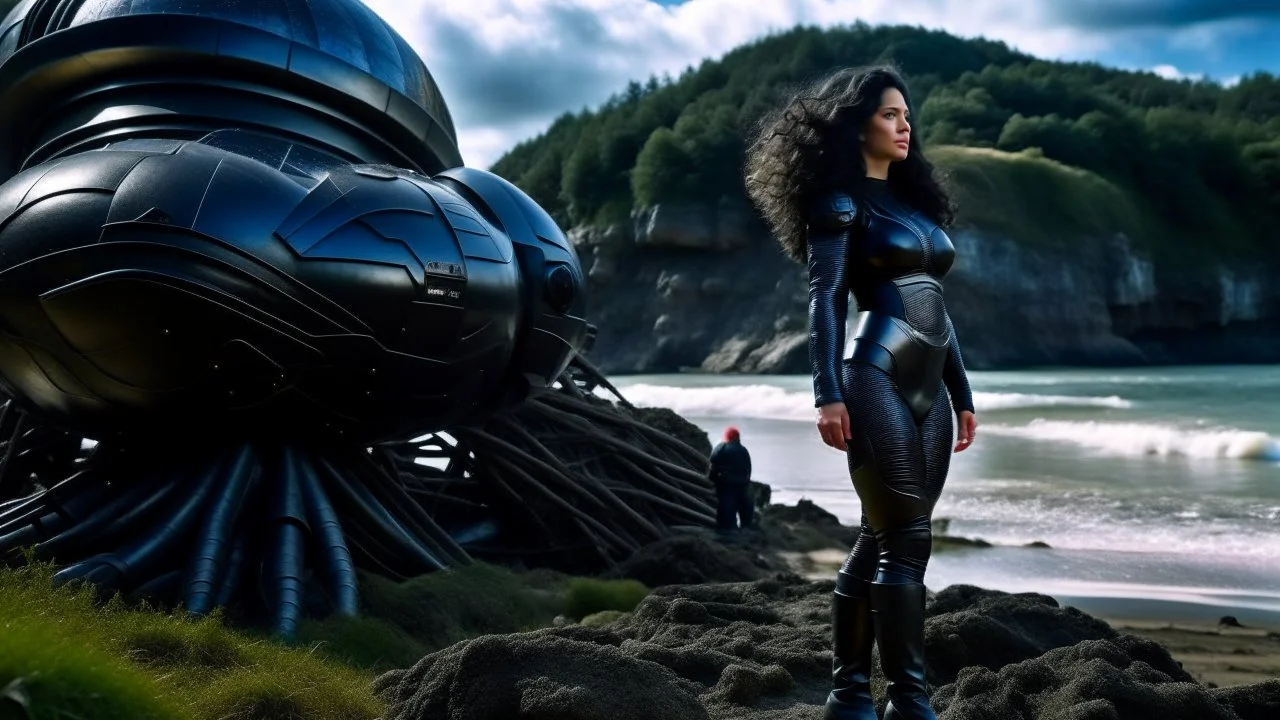 A long-haired woman in a robotic-looking catsuit standing on a beach of a rocky landscape with a crashed spaceship in the distance, with a forest beyond