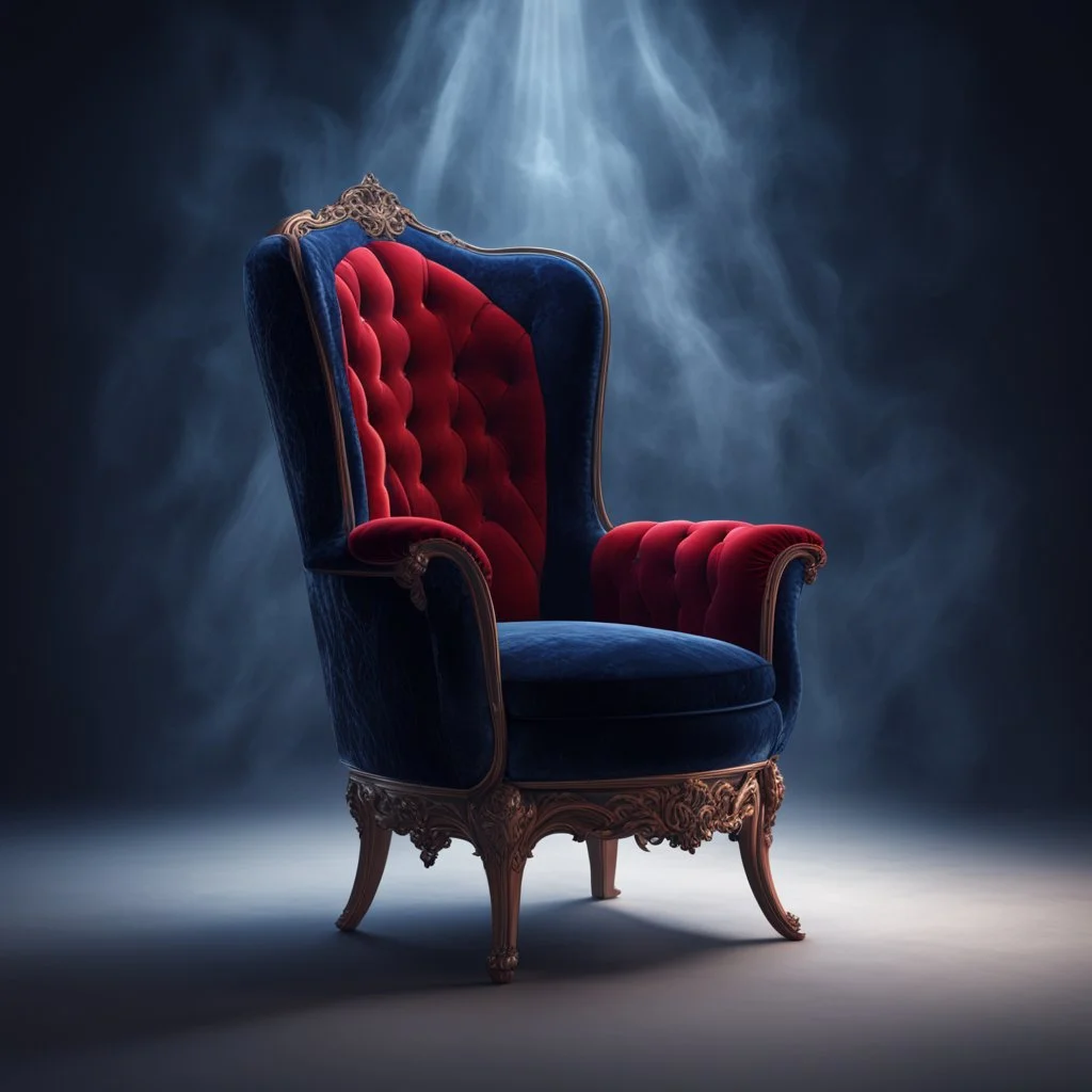 A freestanding wing chair in midnight blue velvet with a red round cushion. Illustrative art, art interpretation, concept art, cgsociety contest winner, seasonal art, seasonal art HD, 4k, 8k, intricate, detailed, intricately detailed, luminous, translucent fantasy crystal, holographic data, soft body, shadow play, light, fog, atmospheric, cinematic, light film, hyper-detailed, hyper-realistic, masterpiece, atmospheric, high resolution, 8k, HDR, 500px, mysterious and artistic digital art, phototi