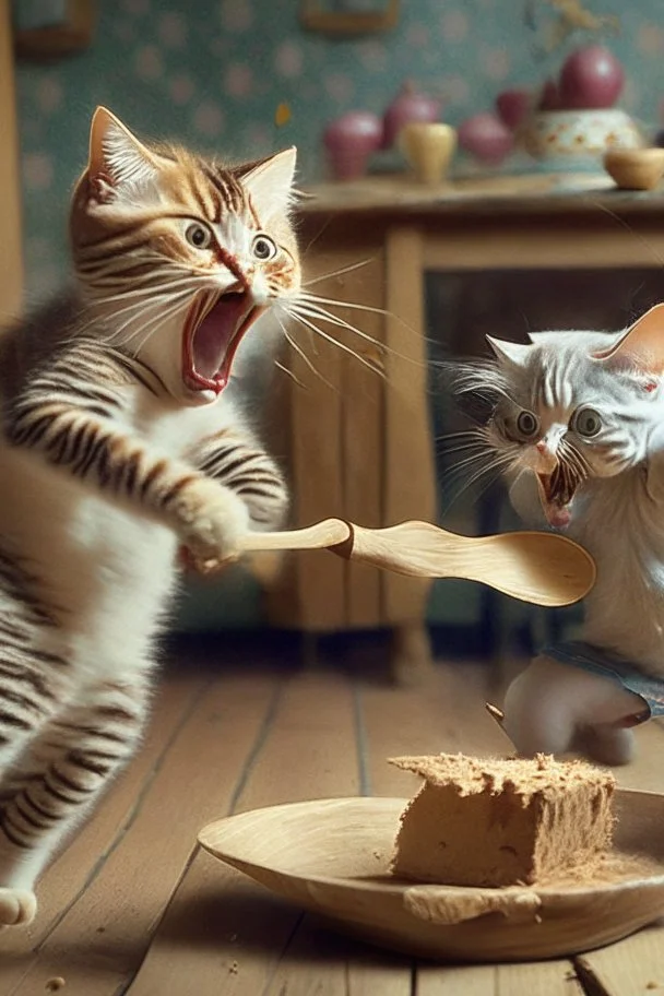 mother cat chasing baby cat with wooden spoon eating cake with wooden spoon at 70th bithday party