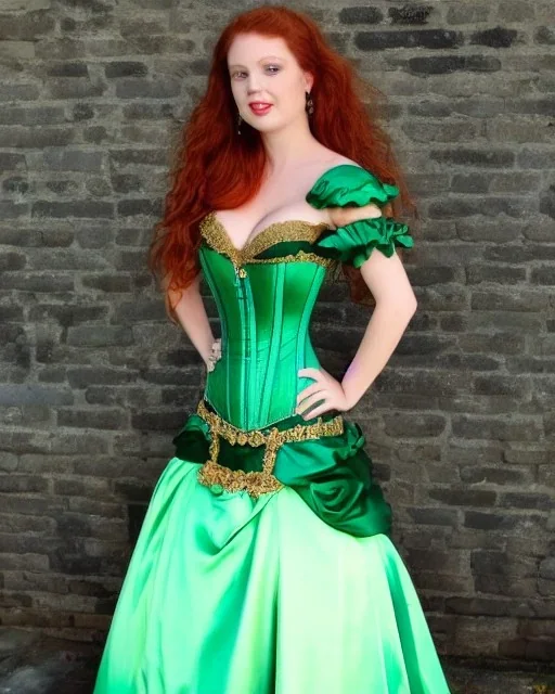 Busty princess with long auburn hair green eyes wearing a big dark teal green and gold satin ballgown corset off shoulder top casting magic full body, head and face