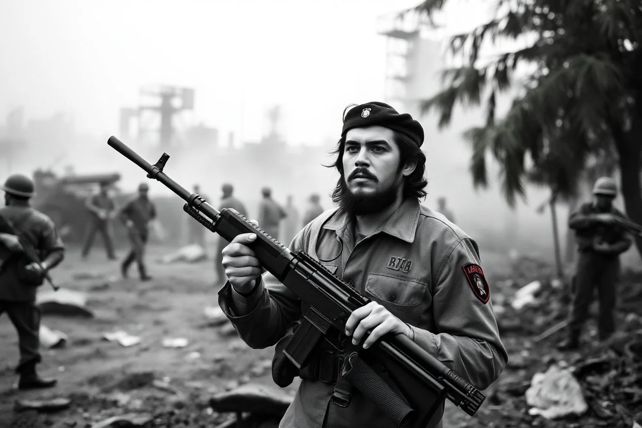 image of Che Guevara standing with heavy gun in hand in a fighting area