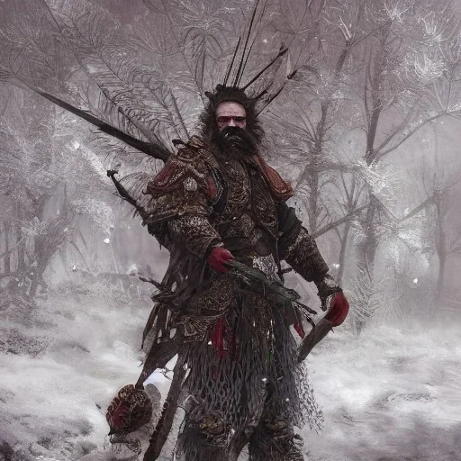 Insanely detailed photograph of an “warrior santa” with intricate detailed beard, intricate embroidered clothing, hyperdetailed painting by Ismail Inceoglu Huang Guangjian and Dan Witz CGSociety ZBrush Central fantasy art album cover art,8K, hdr, romantic, mysterious, ominous, snowflakes,jolly