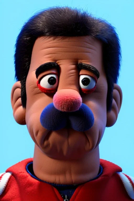 Waist up muppet Portrait, Nicolas maduro us muppet doll, Venezuelan president, tracksuit red blue and yellow, mustache, photo studio, red background, unreal engine 5, concept art, art station, ray tracing, lumen lighting, ultra detail, volumetric lighting, 3d.