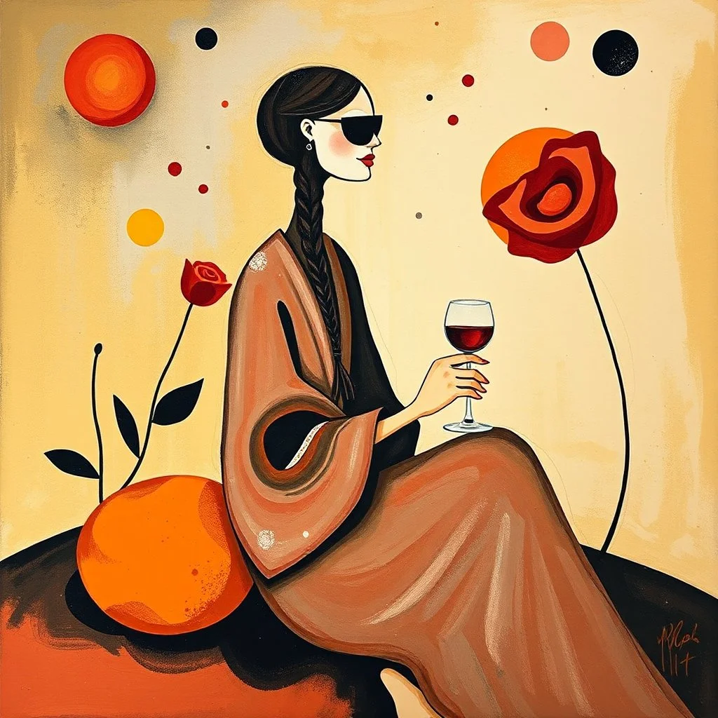 create an abstract surreal gouache painting inspired by Joan Miró, with symbolic shapes suggesting a woman in a robe with braided hair and sunglasses, sitting near a red rose, holding a glass of wine, abstract floating forms and playful cosmic shapes in a golden-red sunset palette --ar 16:9 --v 7 --style 4b --q 2