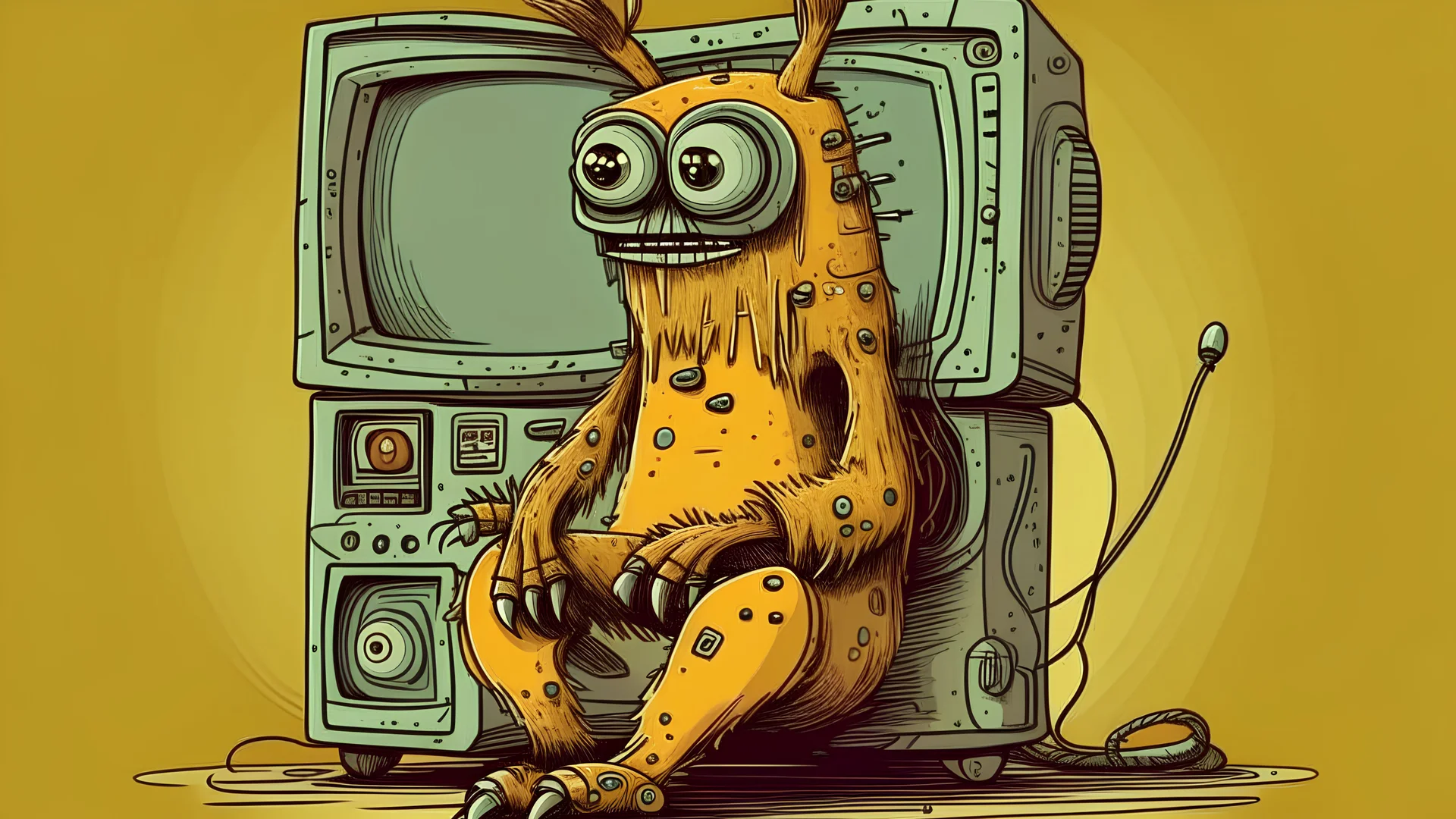 This robotic monster loves television and squirrels. They have smooth skin that is goldenrod colored and they're always wearing thread bare clothes.