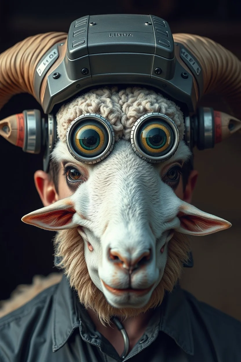 with heading (autofarm) in poster form,a portrait of a fat head mechanic sheepman, man is eating a hybrid mixed body part sheep, giant eyes sheep alien style H.R giger look. as one headed mouth