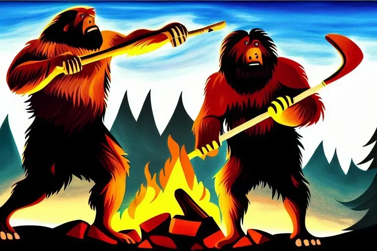 Expressionism, caveman holding a club, cave, cave bear, campfire, stone age, dawn, trending on artstation, fine detail, high quality,