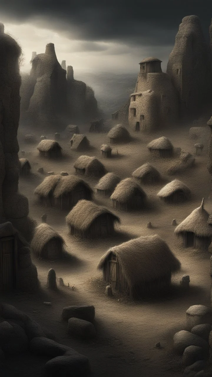 Busch nightmares paining style, thin line draw ,Title:view of a Stone Age village , 8k artistic photography, photorealistic concept art, soft natural volumetric cinematic perfect light, chiaroscuro, award-winning photograph, masterpiece, oil on canvas, Raphael, Caravaggio, Greg Rutkowski, people, beksinski, Giger