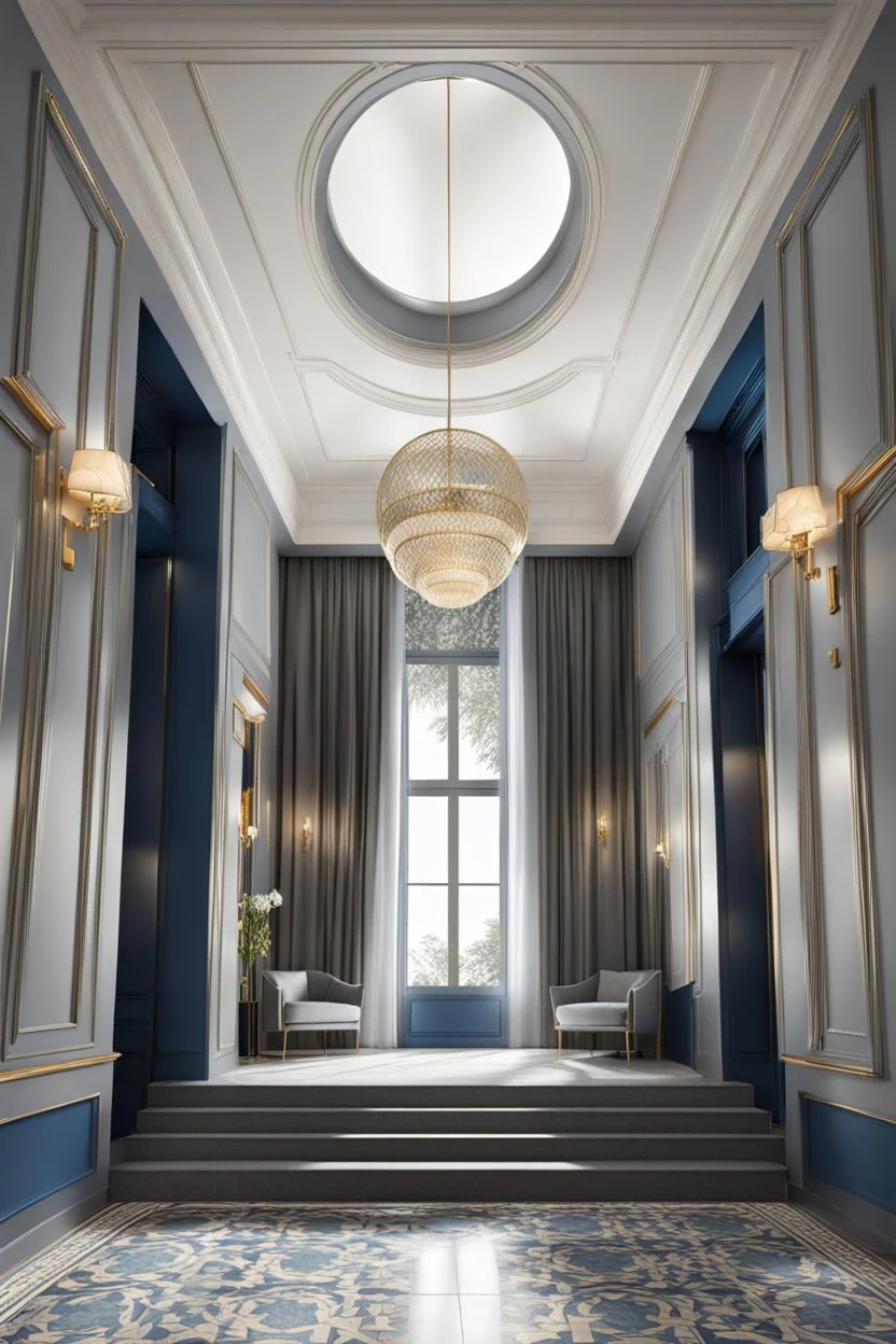 luxury hall ,tiled blue and gray large floor,