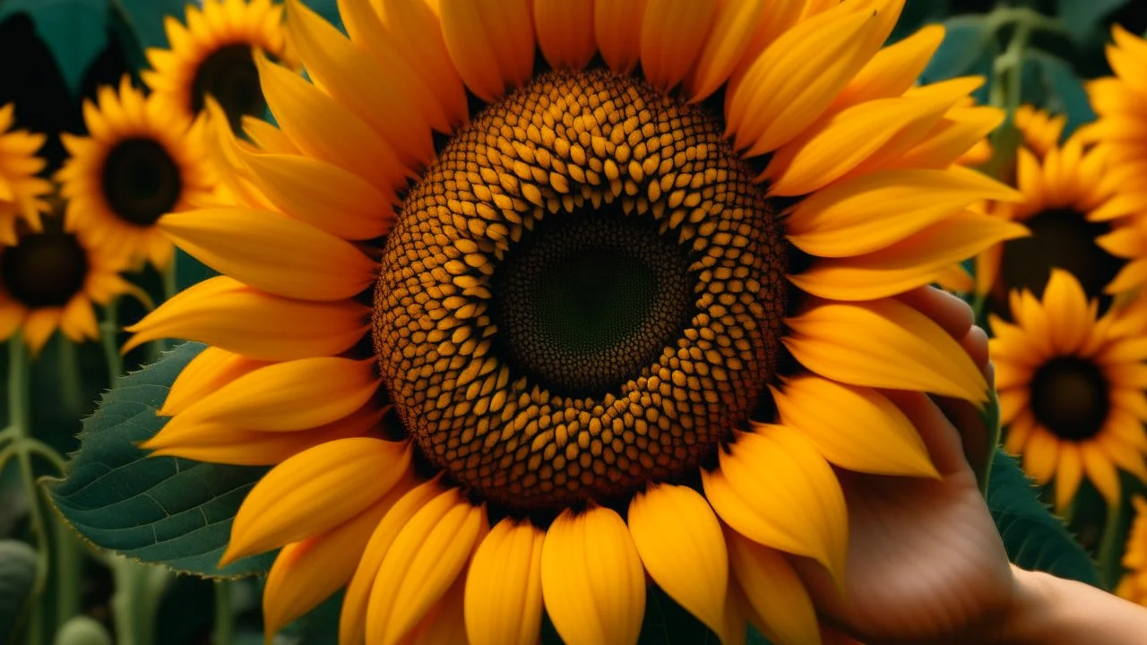 The image shows a large yellow sunflower in the foreground, with its petals spread out and its center detailed. Behind the main sunflower, there is another partially visible sunflower. On the right of the image, you can see a raised hand with long, manicured nails, and part of a woman's shoulder and hair. The combination of natural elements, such as sunflowers, and humans, such as the hand and hair, creates an attractive visual contrast.