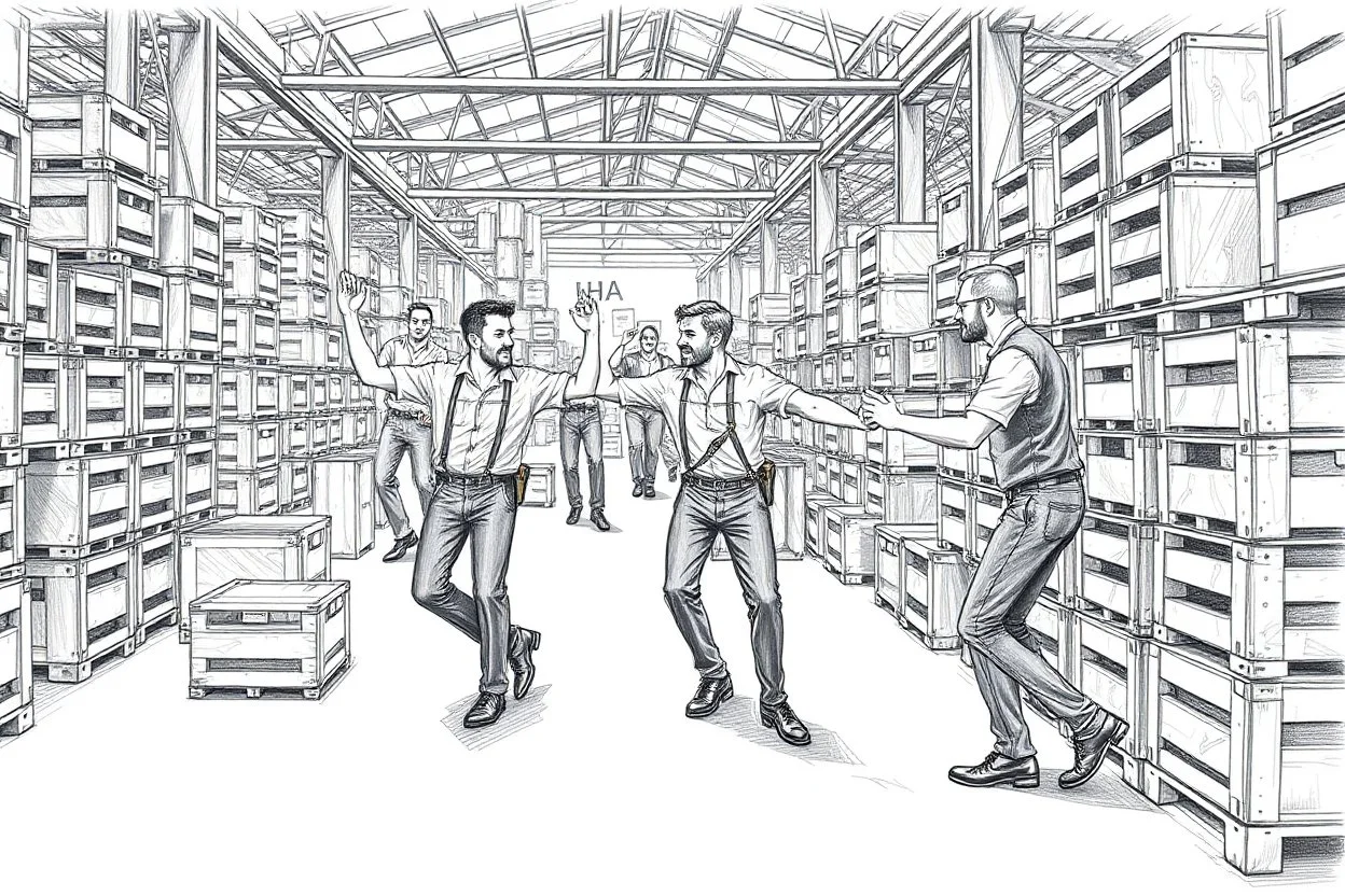 workers dancing in a industry factory with lot of wooden crates , a drawing with sketch lead pencil, no beards and light hair, the music video from AHA style (take on me)