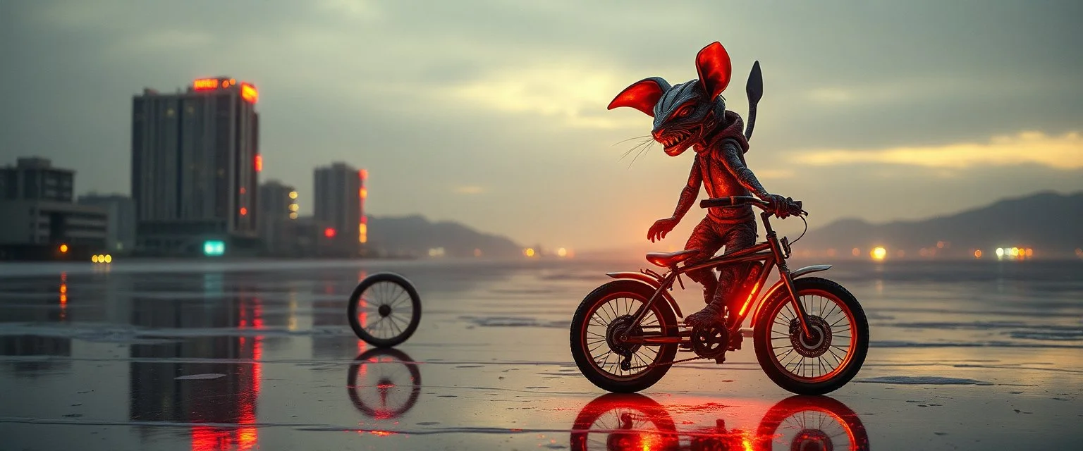 cyberpunk imagery synchronized mechanical gremlin rat bat drumming kit trike flickering stable core, wet reflective salt flat city
