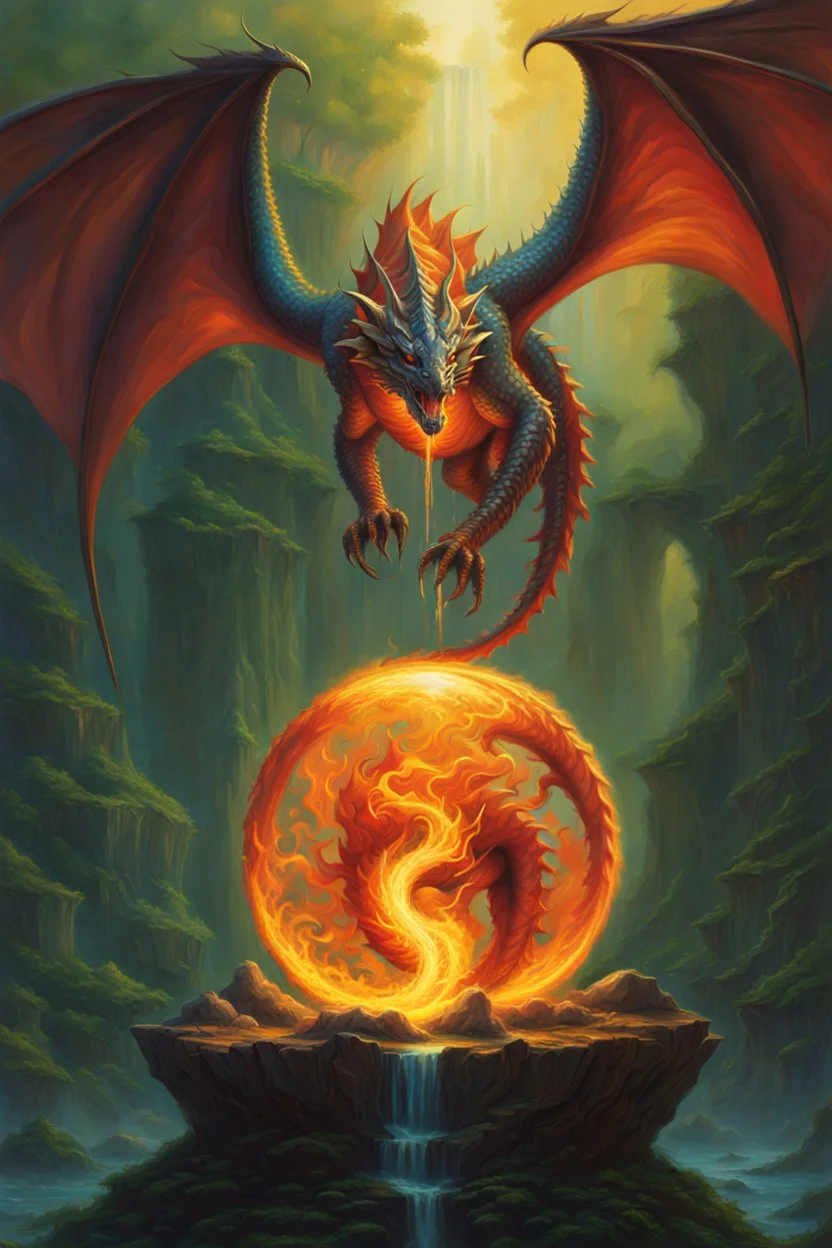 magic orb dripping with dragon fire. identical wings. long tail. fantasy setting. concept art, intricately detailed, color depth, dramatic, colorful background. painted by Jeff Easley