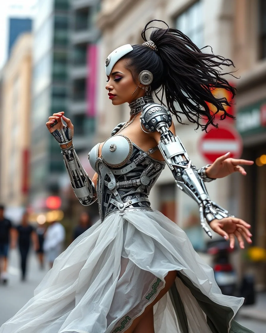 Photography beautiful woman as cyborg dancer wearing dress full mechanical,dancing on street