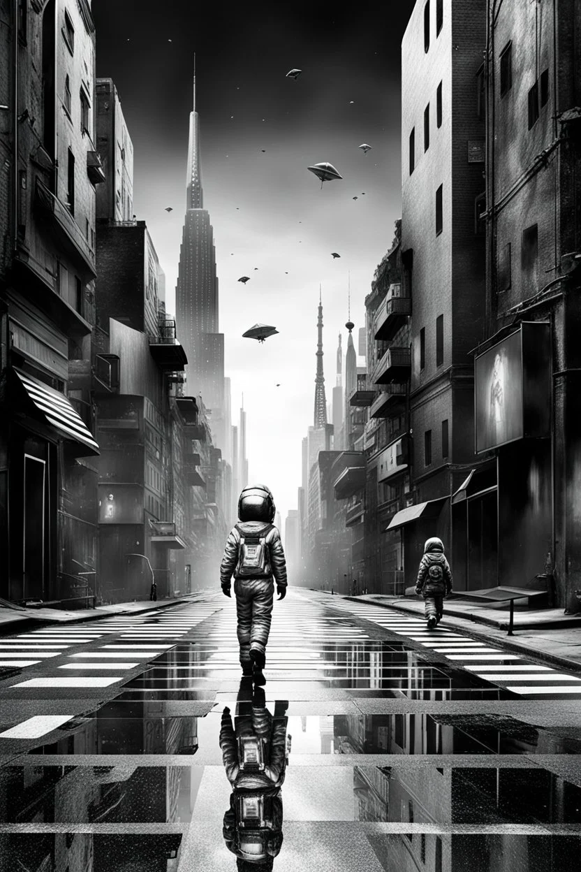 picture from a black and white grayscale cityscape. In the middle a color step transition 3d figure of a little girl walking in irridescent space suit on the street, contrast between her and the black and white scape space, enhancing the contrast between her and city , ultra quality, high digital illustration, cinematic, masterpiece, dystopian atmosphere, stunning