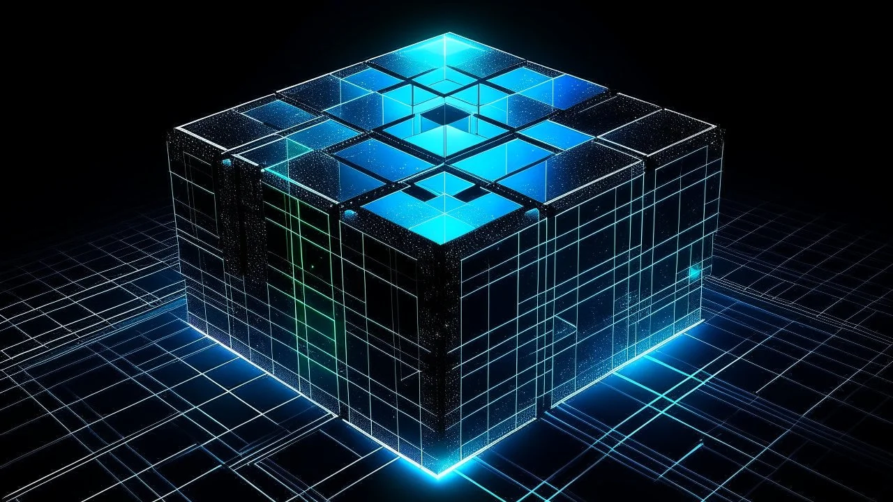 Cube tesseract located strictly in the middle of picture with space around it and with glow in tesseract, but without glow below it, without background or table. For 404 error page.