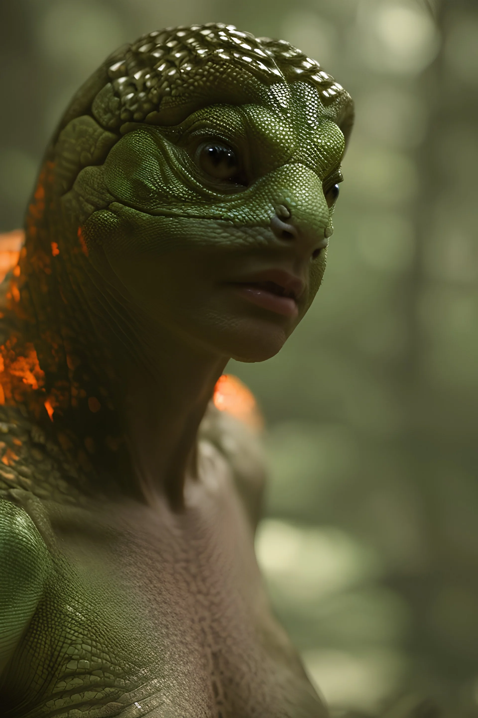 photoreal fourty-year-old goddess with lizard skin as powerful wizard with fire lizard eyes and lizard skin in heavy green and orange mist in a dead forest clearing at dawn by lee jeffries, octane render, 8k, high detail