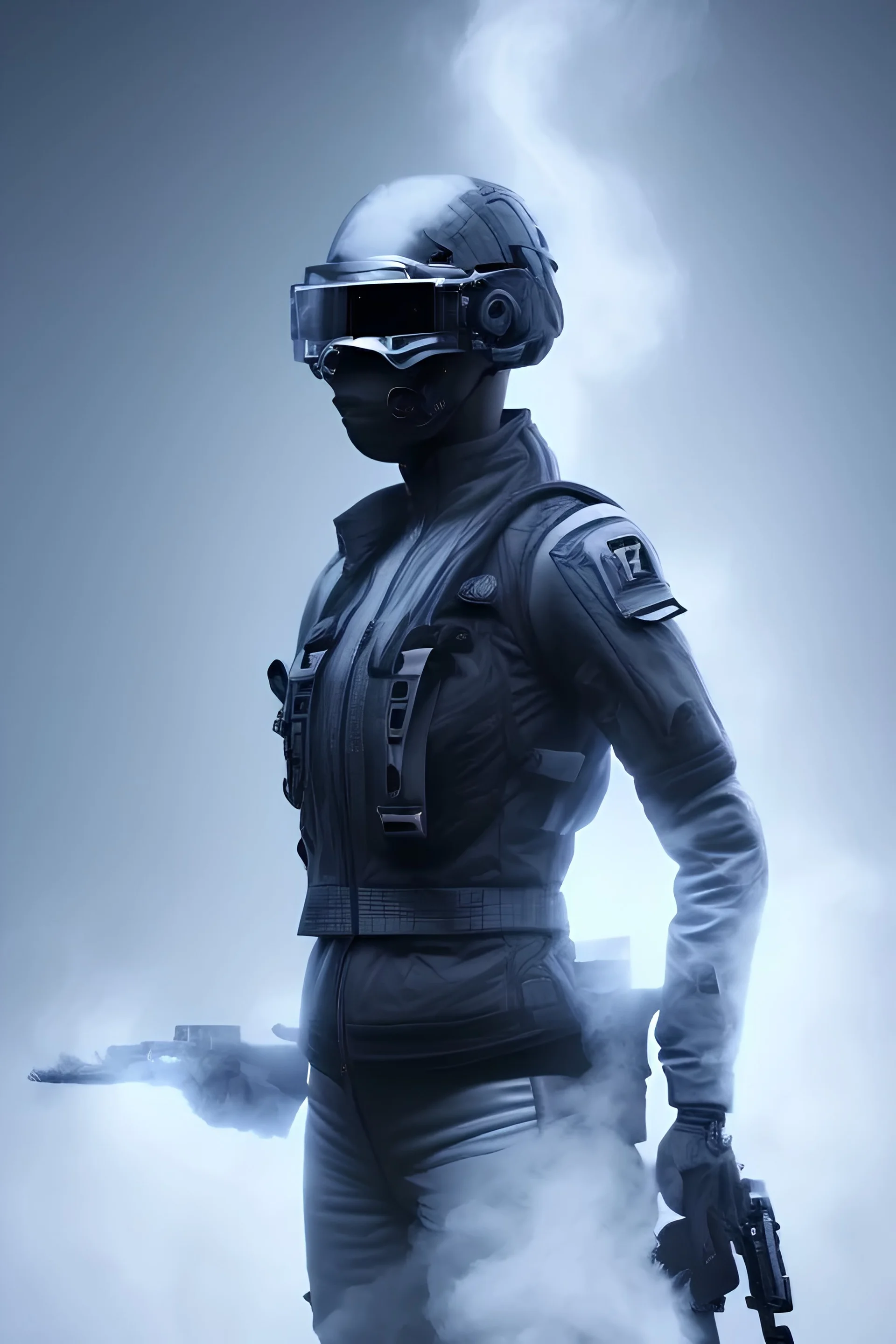 All Black female british soldier, ghost, wearing high tech mask, white smoke, dark, rage, sorrow, high definition, ultra 8 k, volumetric lighting, blue fire, fog