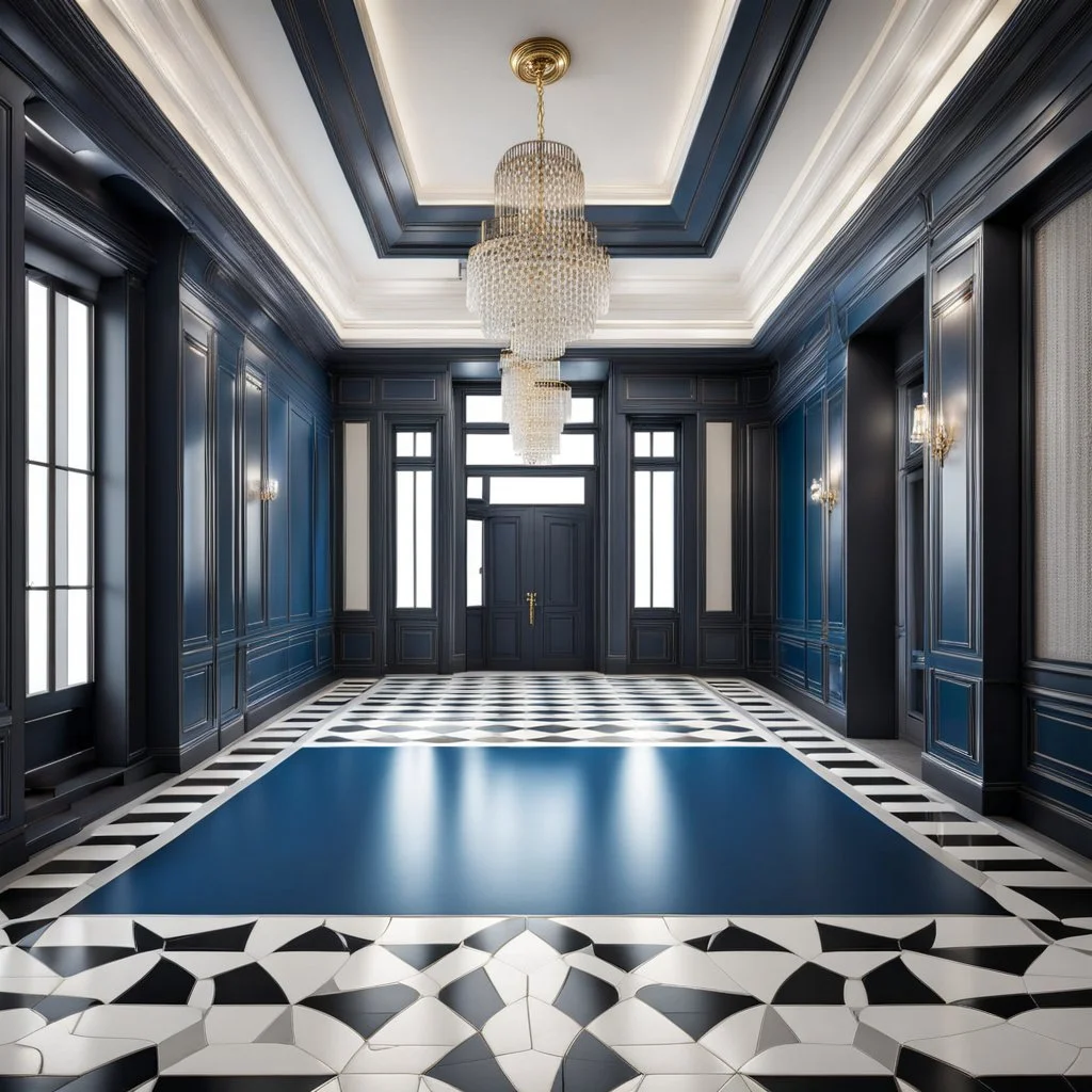 luxury hall ,tiled blue and gray large floor,