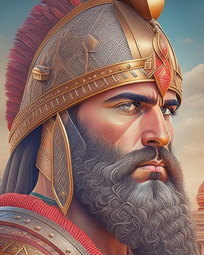 Mesopotamian warrior, expression serious, aura, portrait, background Mesopotamian city, comic style, long beard, helmet,